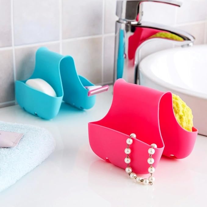 3 Pack Saddle Silicone Sink Caddy, Sponge Soap Brush Holder Basket Organizer Storage for Kitchen (Blue, Green, Pink)