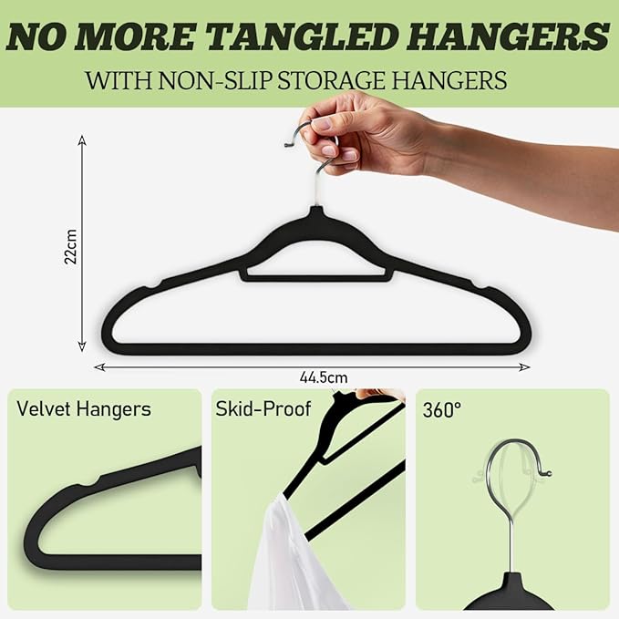 Velvet Hangers 30 Pack Felt Hangers Ultra Thin Non Slip Suit Adult Clothes Hangers 360° Swivel Hook Hanger Velvet Shoulder Notches for Closet Space Saving (Black Velvet)