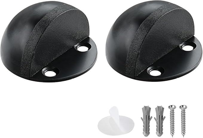JQK Floor Door Stopper, Snowboard Hanger Storage Stainless Steel Sound Dampening Door Stop Bumper Wall Protetor Self Adhesive or Screw Mount, 2 Pack Black, DSB3-BK-P2