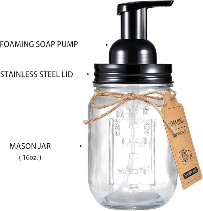 Amolliar Mason Jar Foaming Soap Dispenser, Plastic Pump Rustproof Stainless Steel Lid, Waterproof Label, Rustic Farmhouse Decor Hand Soap Dispenser, Dish Soap for Bathroom, Kitchen, Bath, Black 2 Pack