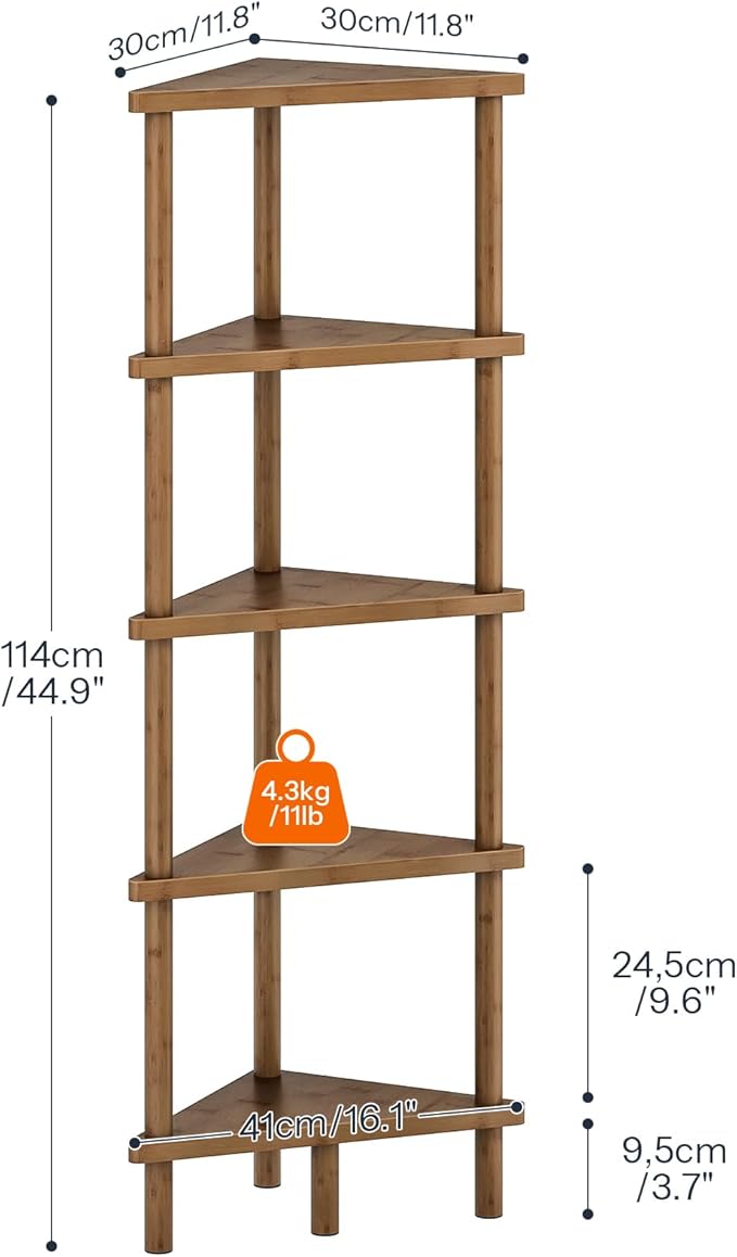 HOOBRO Corner Shelf Stand, 5-Tier Bamboo Corner Bookshelf, Plant Display Shelf, Corner Bookcase, Multipurpose Shelving Unit for Small Space, Living Room, Easy Assembly, Mocha MA20CJ01