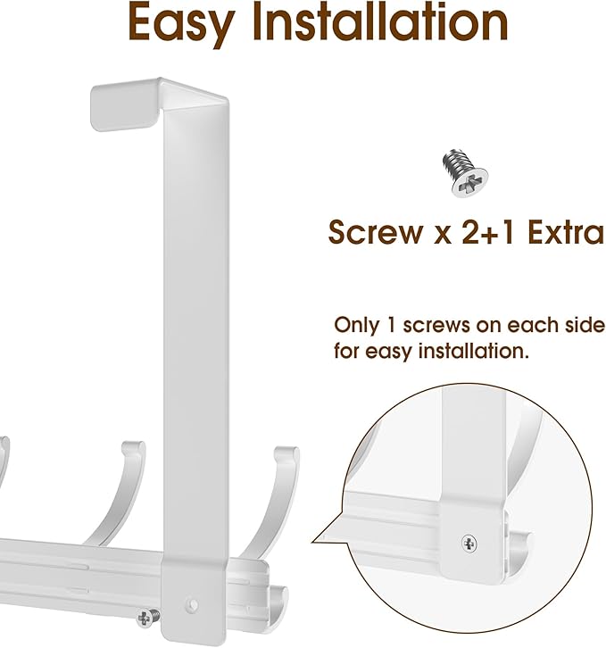 CHAUNCEY HOME Over The Door Hooks Hanger with 7" Arms, Door Hooks for Hanging, Fit 1 3/4" Door, Tool-Free Assembly, F7U, Towel Racks Organizer Holder for Bathroom - White