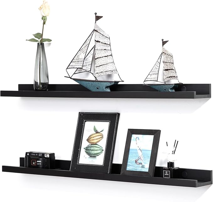Black Floating Shelves 36 Inch Modern Picture Frame Shelf for Wall Picture Ledge Shelves with Lip Wooden Book Shelves Set of 2 Bathroom Shelf Organizer for Living Room Bedroom Kitchen Wall Decor