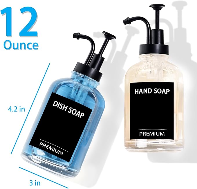 12oz Dish Soap Dispenser for Kitchen, Hand Glass Soap Dispenser Set with Pump, Tray, Funnel for Bathroom, Shower, Laundry, Liquid, Lotion (Black 2 Pack Clear Bottles with 12 Stickers)