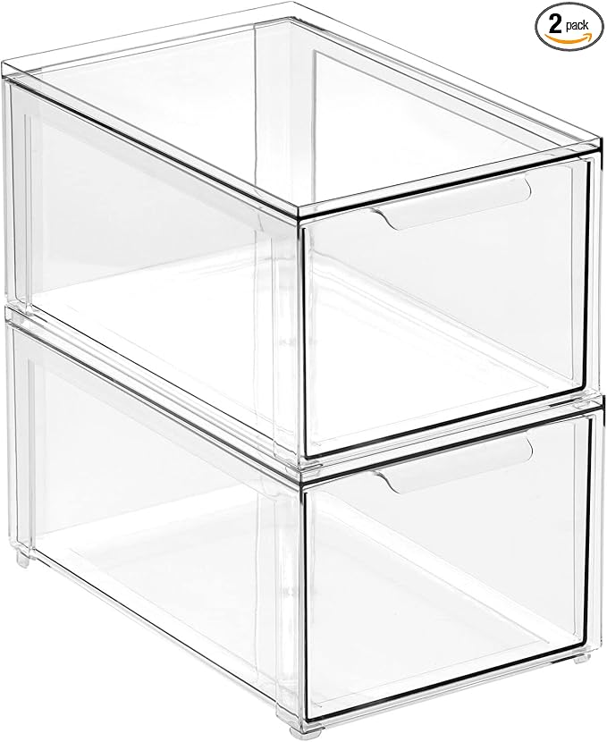 mDesign Plastic Closet Organizer Bin w/Pull Out Drawer - Stackable Storage for Closet - Organization for Shoes, Clothes, Bags, Totes, Small Linens, and More - Lumiere Collection - 2 Pack - Clear
