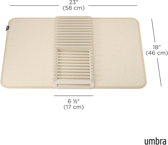 Umbra 330720-354 UDRY Rack and Microfiber Dish Drying Mat-Space-Saving Lightweight Design Folds Up for Easy Storage, Standard, Linen