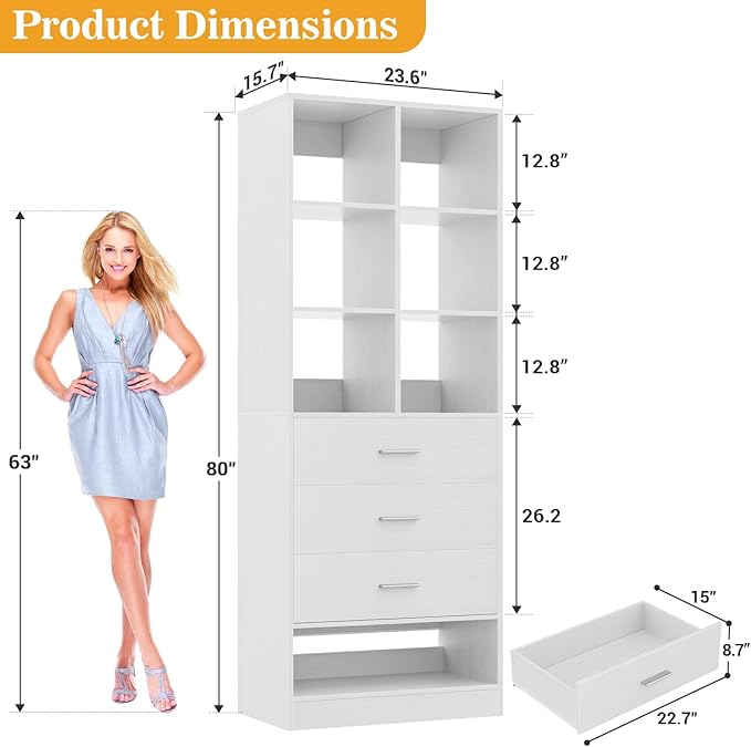 Homieasy Closet System Organizer with 3 Drawers and Partition Storage, Freestanding Wardrobe Organizer Modular with Shoe Shelf, Expandable for Walk-in or Reach-in Closets, White