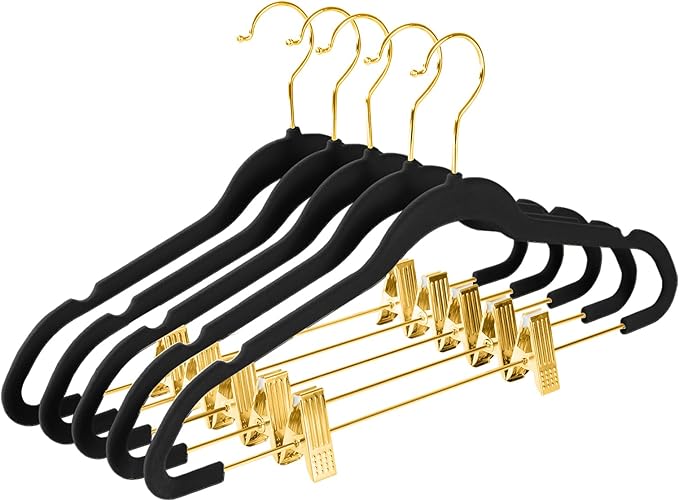 MIZGI Premium Velvet Pants Hangers with Adjustable Clips (Pack of 20) Slim Skirt Hangers- Non Slip Felt Outfit Dress Hangers Black - Gold Hooks,Space Saving Shirt Clothes Hangers