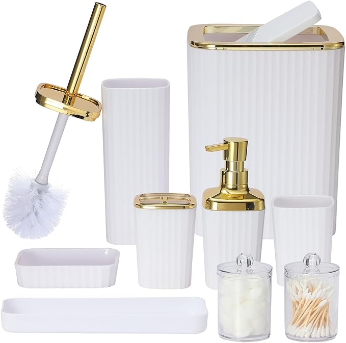 Bathroom Accessories Set,9 Piece White Bathroom Sets Complete with Toothbrush Holder, Trash Can, Lotion Soap Dispenser, Toothbrush Cup, Vanity Tray, Soap Dish, Toilet Brush, Qtip Holder for New Home