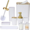 Bathroom Accessories Set,9 Piece White Bathroom Sets Complete with Toothbrush Holder, Trash Can, Lotion Soap Dispenser, Toothbrush Cup, Vanity Tray, Soap Dish, Toilet Brush, Qtip Holder for New Home