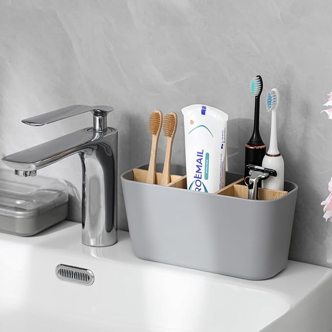 Toothbrush Holders for Bathrooms, Bamboo Tooth Brush Holder with 5 Slots Bathroom Vanity Organizer Countertop for Electric Toothbrushes, Toothpaste, Razors - Gray