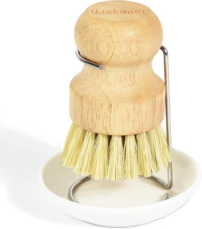 Wooden Dish Brushes, Dish Dishwashing Brush for Cleaning Dishes, Kitchen Wooden Cleaning Dsihes Set with Draining Rack, Natural Sisal Bristles, 1 Set