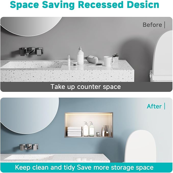TSIBOMU Stainless Steel Shower Niche with LED Lights 12" x 24" Recessed Wall Niche, No Tile Needed Bathroom Storage Shelf (Brushed)