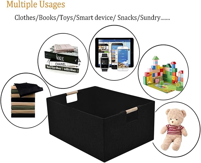Storage Bins & Fabric Storage Basket for Shelves - Decorative Baskets Storage Box Cubes Containers W/Handles for Closet Shelf Nursery Toy, Home, Office, Books,Bathroom (Black)
