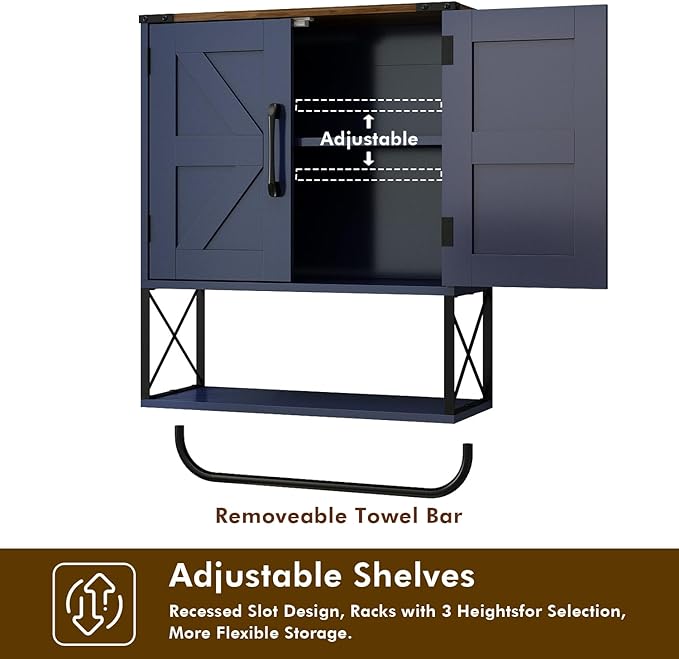 RUSTOWN Farmhouse Medicine Cabinet with 2 Barn Door, Boho Wood Wall Mounted Storage Cabinet with Adjustable Shelf and Towel Bar, 3-Tier Bathroom Cabinet for Bathroom (Navy Blue and Walnut)