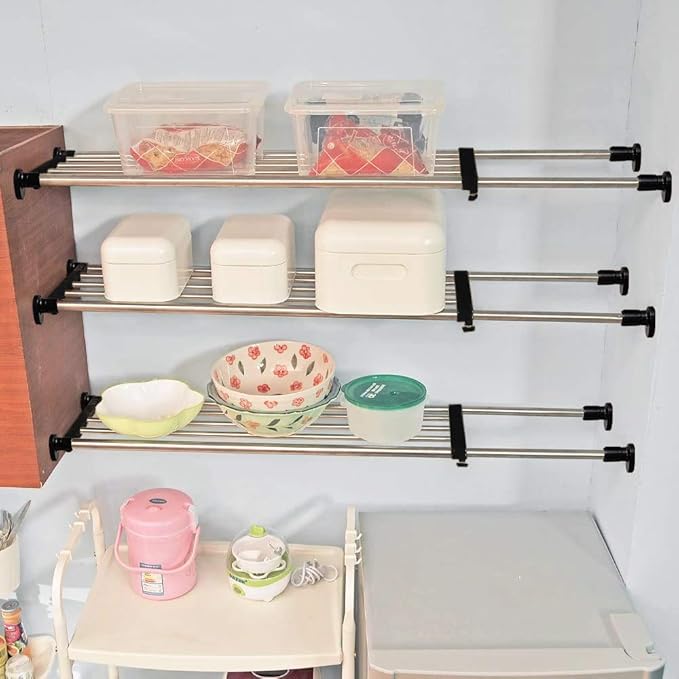 BAOYOUNI Adjustable Closet Shelf Expandable Shelves Tension Rod Hanger Space Saving Storage Rack Organizer Divider for Wardrobe, Cupboard, Kitchen, Bathroom Use, Black, 2 Pack
