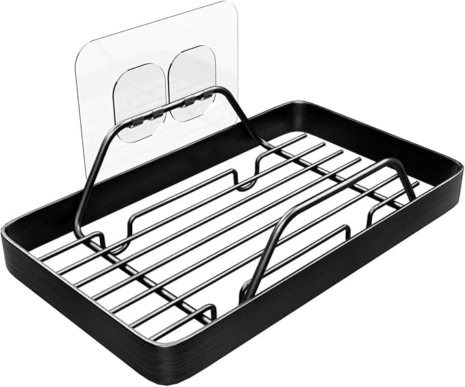KINCMAX Premium Adhesive Soap Holder for Shower Wall - Drill Free Bar Soap Dish for Bathroom Storage - Stainless Steel Shower Soap Caddy w/Adhesive Sticker (Black)