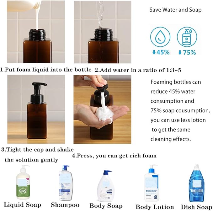 2 Pack Foaming Soap Dispenser 15oz Refillable Foam Liquid Hand Soap Empty Plastic Pump Bottle Container for Bathroom Vanities, Kitchen Sink, Hospital, Clinic, Amber Brown 450ml
