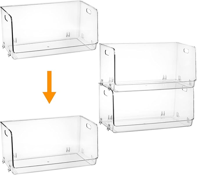 Nicunom 2 Pack Stackable Plastic Storage Bins Open Front, Clear Pantry Organizer Bin Household Food Storage Bin for Kitchen Countertops Cabinet Shelf Fridge