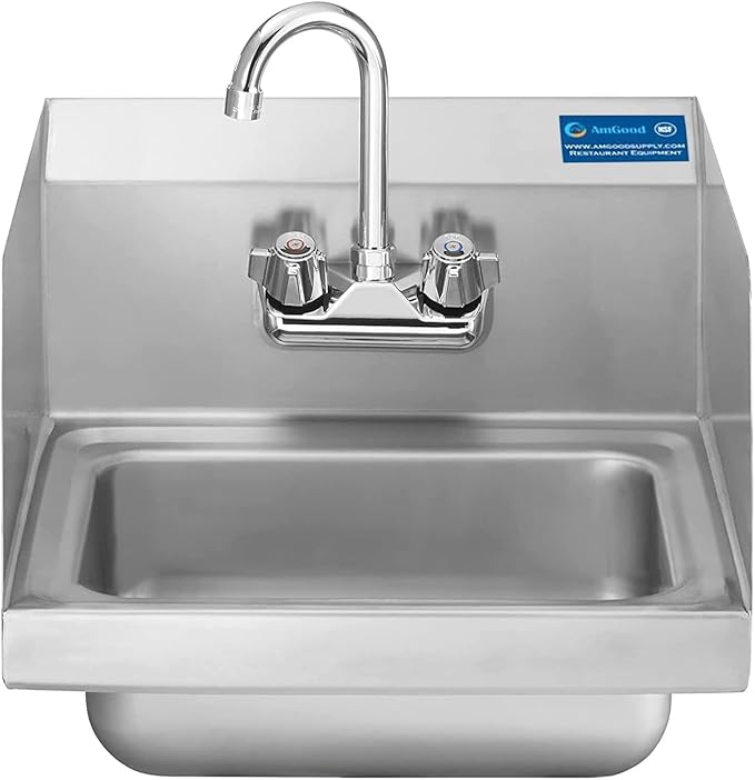15" x 17" Stainless Steel Wall Mount Hand Sink with Gooseneck Faucet & Side Splash – NSF Certified Commercial Handwashing Basin