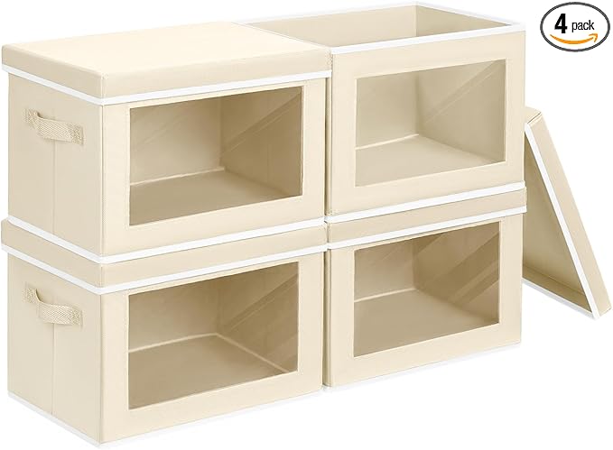 Storage Bins with Lids - Fabric Closet Storage Bins with Window, Collapsible Baskets for Shelves 4 Pack, Home Decorative Boxes for Clothes, Closet, Office, Beige