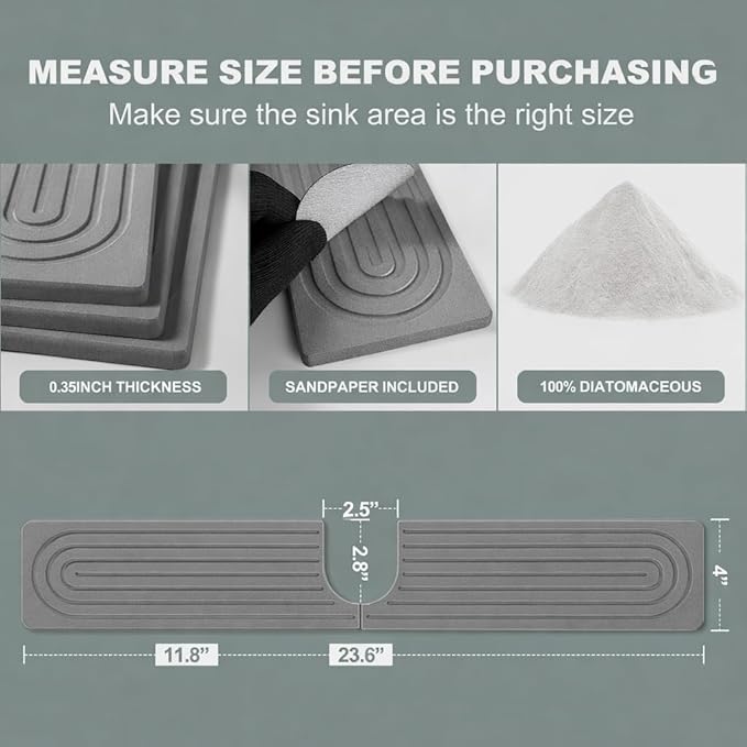 Meiliweser Stone Faucet Mat for Kitchen Sink, Quick Dry Diatomite Sink Splash Guard, Upgraded U-shaped Drying Sink Protectors, Non-Slip Stone Tray for Bathroom Counter (23.6" x 4", Dark Gray)