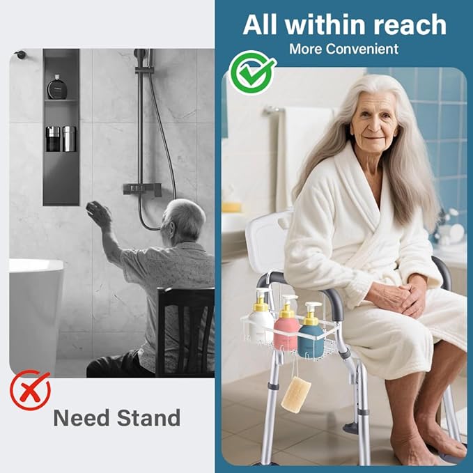 Shower Caddy Hanging, Stainless Steel Showers Organizer Rack with Hooks and Suction Cup for Elderly Seniors Disabled Handicap