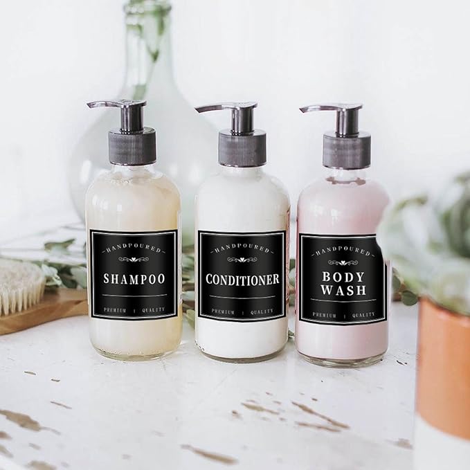 12PCS Bathroom Labels for Soap Dispenser, Removable Bathroom Organization Labels, Waterproof Bottle Labels for Shampoo Conditioner Body Wash (Black)
