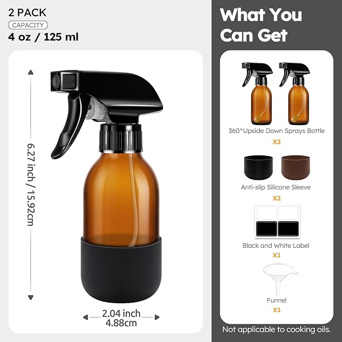 Tecohouse 2 Pack 360° Amber Glass Spray Bottles with Silicone Sleeve, 4 oz Empty Refillable Containers with Adjustable Spray Nozzles, Spray Bottles for Cleaning Solutions, Hair, Plants (Black & Brown)