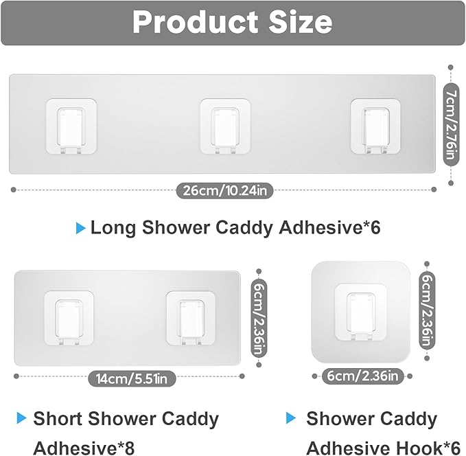 Lsnisni 20 Pack Shower Caddy Adhesive Replacement, Waterproof Shower Shelf Adhesive Strips, Strong Flat Hooks for Bathroom Storage Shelves and Kitchen Racks No Drilling, Clear