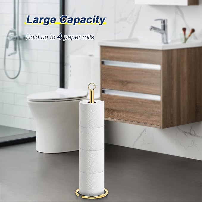 NearMoon Bath Toilet Paper Holder Stand, Freestanding Tissue Paper Storage with Reserve, Space Toilet 4 Rolls Holder for Bathroom/Kitchen Countertop-All Metal (1 Pack, Chrome Gold)