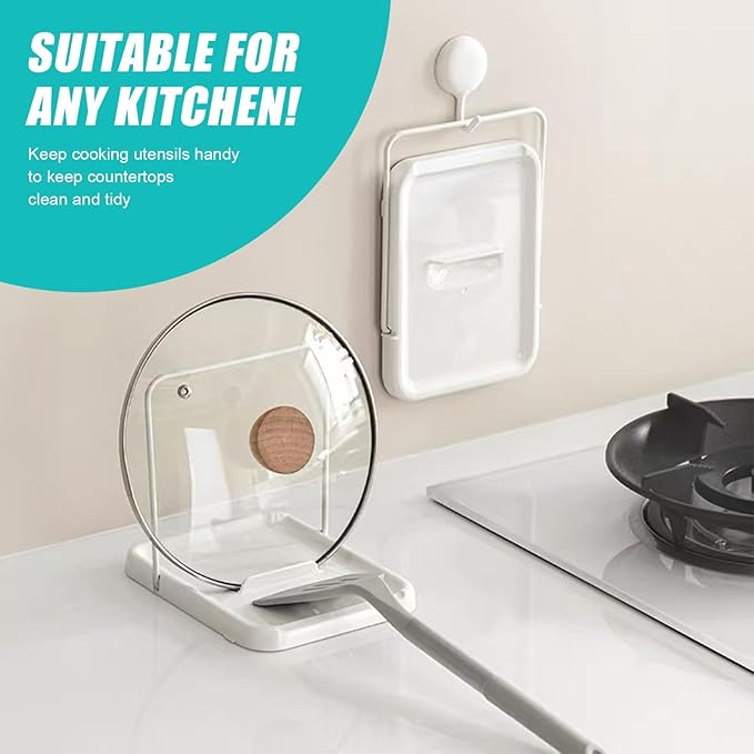 Foldable Pot Lid Organizer with Spoon Rest, Heat-Resistant & Nonslip ABS Utensil Holder for Stovetop and Countertop, White Kitchen Space Saver ﻿