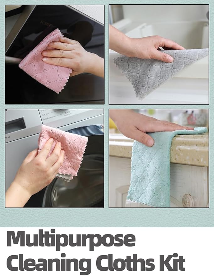 24PCS Kitchen Dishcloth, Microfiber Washcloth, Soft Cleaning Cloths, Coral Fleece/Lint Free/Absorbent/Quick Dry/Nonstick Oil Rags, Reusable Washable Tea Towel, 6''x10'' (Pink)