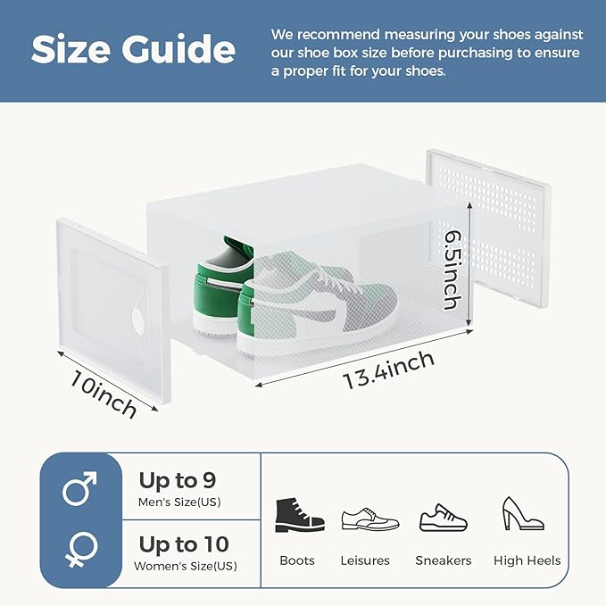 DUMOS Clear Shoe Storage Boxes, 15-Pack Plastic Stackable Shoe Containers with Lids, Display Sneaker Case Organizer for Closet, Under Bed, Entryway,White (Fit Size 11)