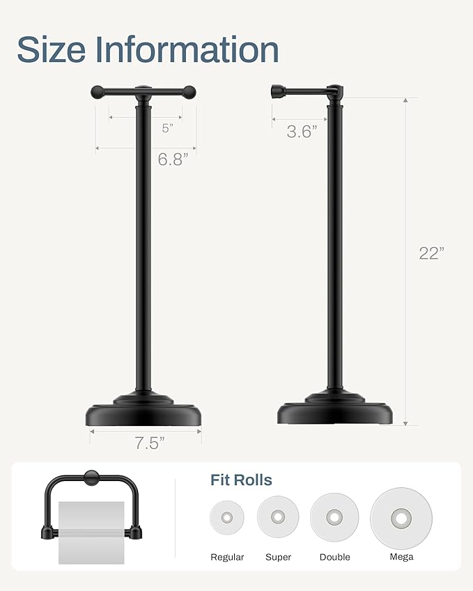 KALLYNB Freestanding Toilet Paper Holder Stand - Rustproof 304 Stainless Steel with Heavy Duty Weighted Base (4.8lbs), 22" Height Pivot Arm Tissue Roll Dispenser, Fits Mega Rolls - Matte Black