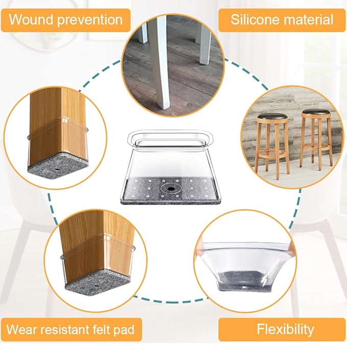 32 Pcs Rectangle Chair Leg Protectors for Hardwood Floors - Silicone Felt Furniture Pads, Scratch/Noise Reducing Covers, X-Large(Fit Perimeter 6" to 8")