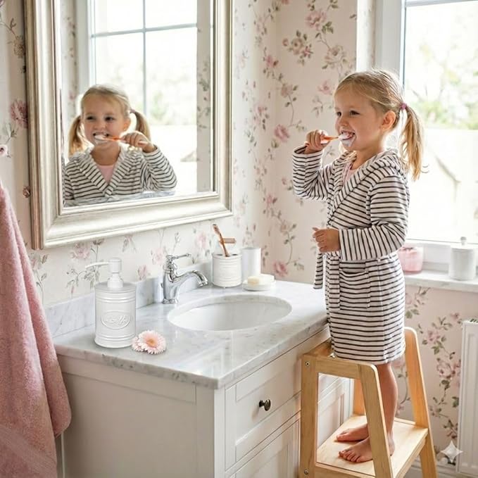 Autumn Alley Kids Bathroom Accessories Set – 2-Piece White Soap Dispenser & Toothbrush Holder, Farmhouse Bathroom Countertop Organizer for Kids, Durable Metal Bathroom Set with Wood Handle