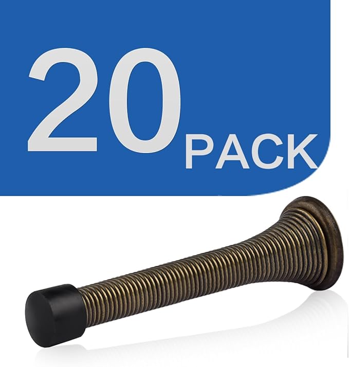 HOMOTEK 20 Pack Spring Door Stopper with Rubber Bumper 3-1/8" Flexible Spring Heavy Duty Wall Door Stop Low Mounted Door Bumper for Home (Antique Brass)