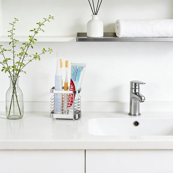 MYITYARD Toothbrush Holder for Bathroom, Stainless Steel Ventilated Electric Toothbrush & Toothpaste Holder, Modern Metal Bathroom Toothbrush Organizer, Bathroom Accessories, Silver
