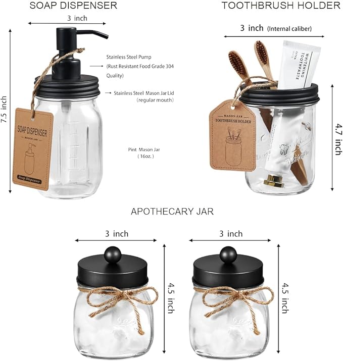 Amolliar Mason Jar Bathroom Accessories Set 4 Pcs -Lotion Soap Dispenser & 2 Cotton Swab Holders & Toothbrush Holder - Rustic Farmhouse Decor, Bathroom Home Decor, Perfect Decorating Idea (Black)