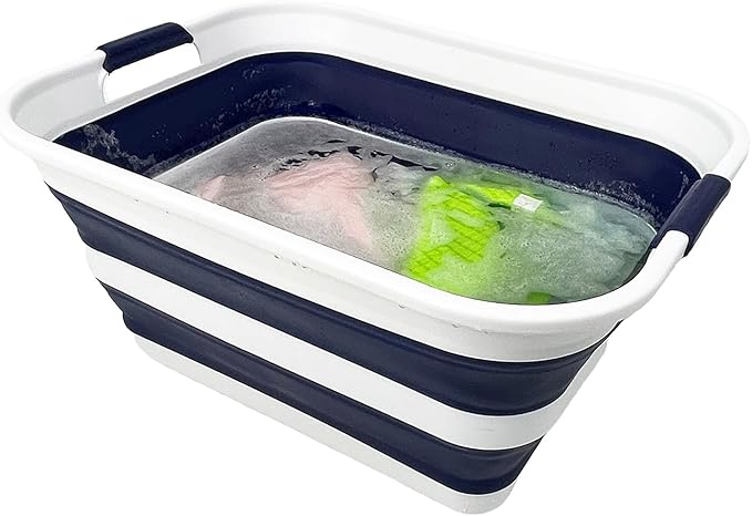 SAMMART Collapsible Plastic Laundry Basket with Handle/Foldable Pop Up Storage Hamper/Portable Laundry Organizer-Space Saving Washing Tub/Household Storage (White/Starry Blue, 42L)