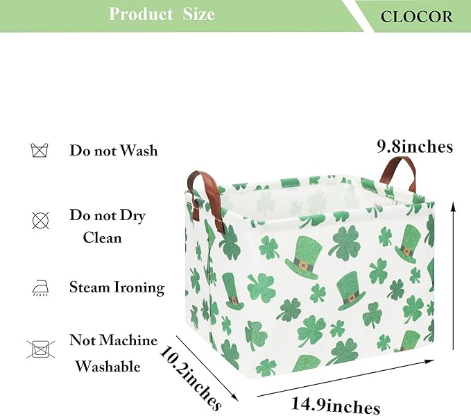CLOCOR Four-leaf Clover Basket Empty,Rectangular St. Patrick's Day Gift Basket for Boys and Girls,Kids Toys Storage Bin,Baby Room Decor(Clover)