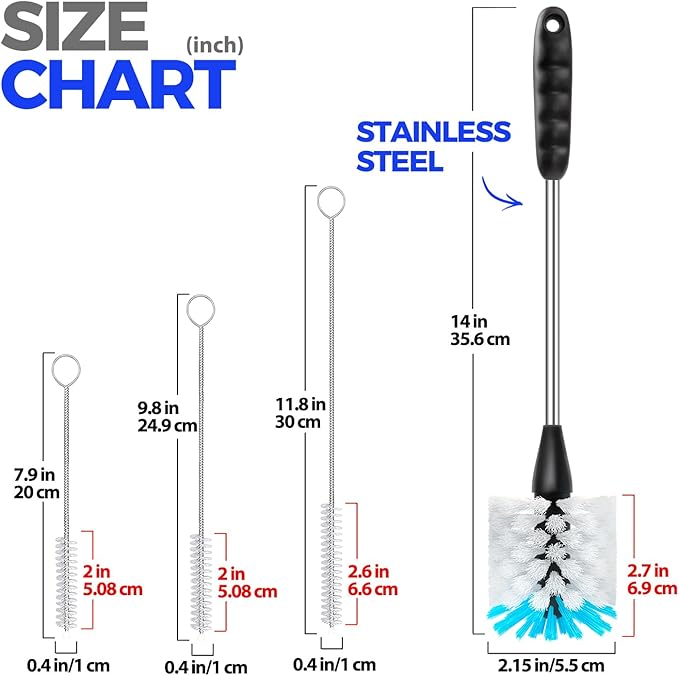 Holikme Bottle Brush Cleaner Set, 14" Long Handle Stainless Steel Bottle Cleaner Brush, 3 Straw Cleaner Brush, Bottle Cleaning Brush for Water Bottle, Cups, Abrasive Flat End Brushes, Straws White