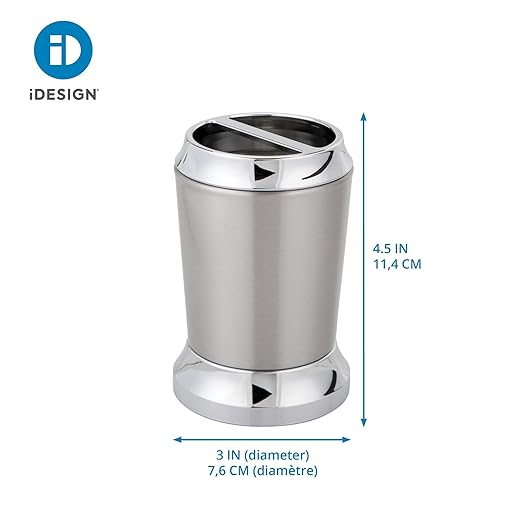 iDesign Stainless Steel Toothbrush Holder, The Preston Collection – 3" x 3" x 4.5”, Brushed & Chrome Split Finish