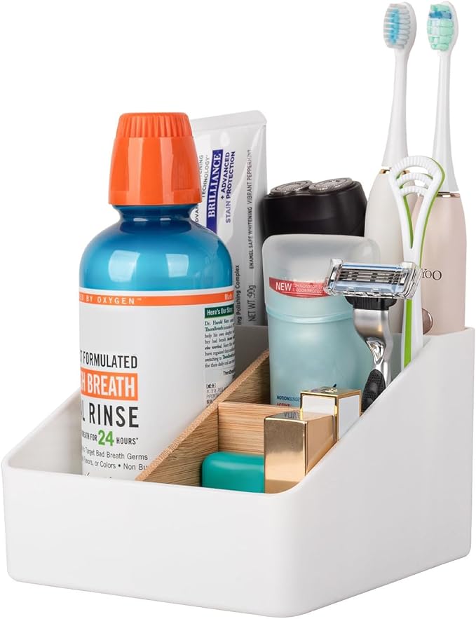 Toothbrush Holder for Bathrooms, 4 Slots Tooth Brush Holder with Detachable Bamboo Dividers, Countertop Organizer for Electric Toothbrushes, Toothpaste, Razors, Floss - Wihte