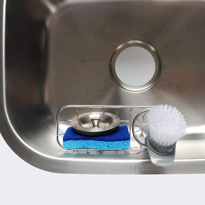 HULISEN 3-in-1 Sponge Holder for Kitchen Sink with Dish Brush Holder, Stainless Steel Caddy for Soap, Scrubber, No Drill and Rustproof, Silver