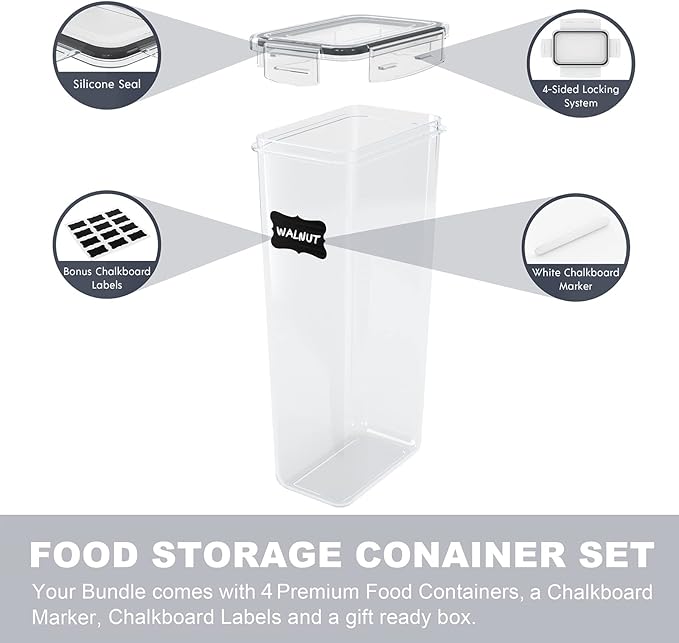 Pasta Containers, 4 Pk 2.8L Airtight Food Storage Containers, Spaghetti Containers for Pantry Organization and Storage, Kitchen Storage Containers for Noodles, Plastic Canisters with Durable Lids