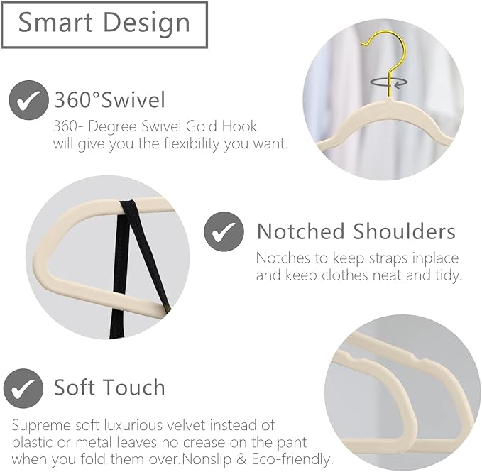 MIZGI Premium Velvet Hangers Pack 30 Pcs Heavyduty - Non Slip Slimline - Velvet Suit Hangers Ivory - Gold Hooks,Space Saving Clothes Hangers