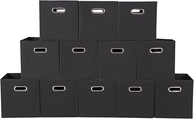 Fabric storage bins Cubes, Fabric Cube Organizer with Handle, Foldable Cube Bins for Cloth or Accessary Storage, 11x11x11, Set of 12, (Black)