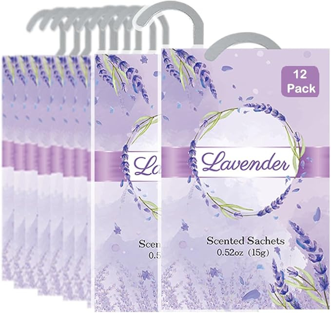 12 Packs Lavender Hanging Scented Sachets for Drawers and Closets with Retractable Hook| Long-Lasting Closet Air Freshener & Closet Deodorizer | Closet Scent Freshener (Lavender)